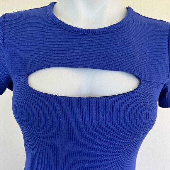 Guess Lana Ribbed-Knit Bodycon Dress MEDIUM BLUE Tanzanite Short Sleeve - Picture 8 of 15